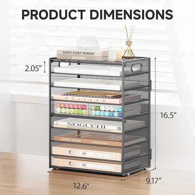 SUBEKYU 9 Tier Paper Organizer for Desk - Gray Metal Mesh Letter Tray File Paper Sorter Organizer Include 6 Pcs Adjustable Height Slid Tray with Handles for Office School Home Organization Storage