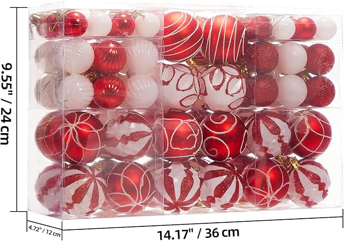 100Pcs Elegant Christmas Balls Set Christmas Tree Ornaments with Glitter and Patterns Bulk Ornaments for Tree as Festive Christmas Decor Xmas Ball Set Red White