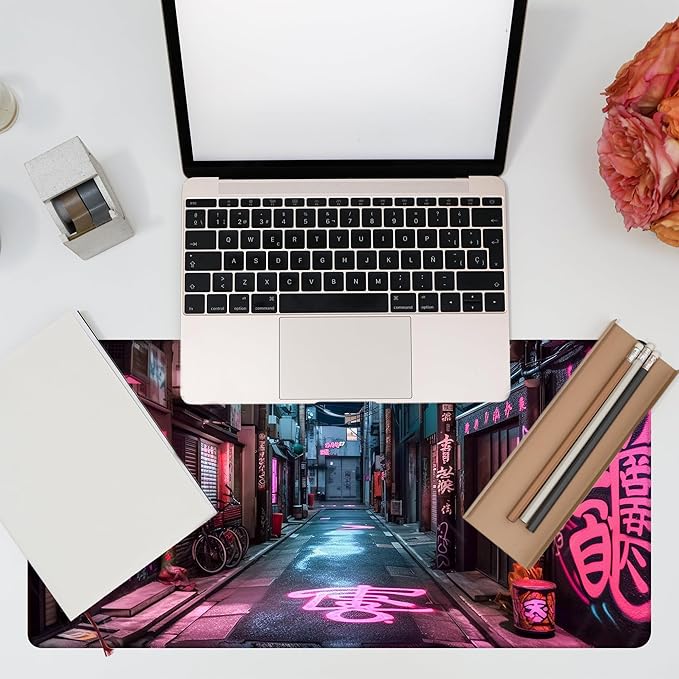 Desk Pad, Anime City Street Scene Desk Mat, Pink Neon Street Large Gaming Mouse Pad for Desk, 31.5"x15.7" Extended Big Computer Keyboard Mouse Pad with Non-Slip Base and Stitched Edge