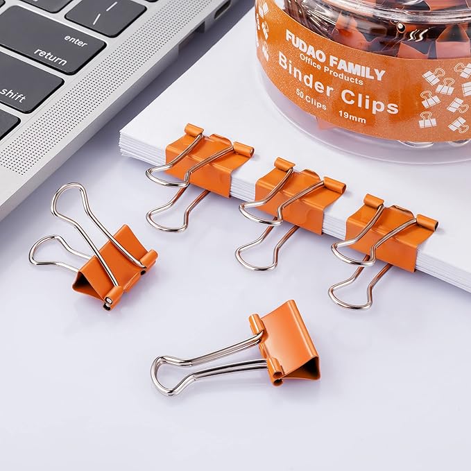 Small Orange Binder Clips, 3/4 Inch (19mm), 50 Pack Mini Clips