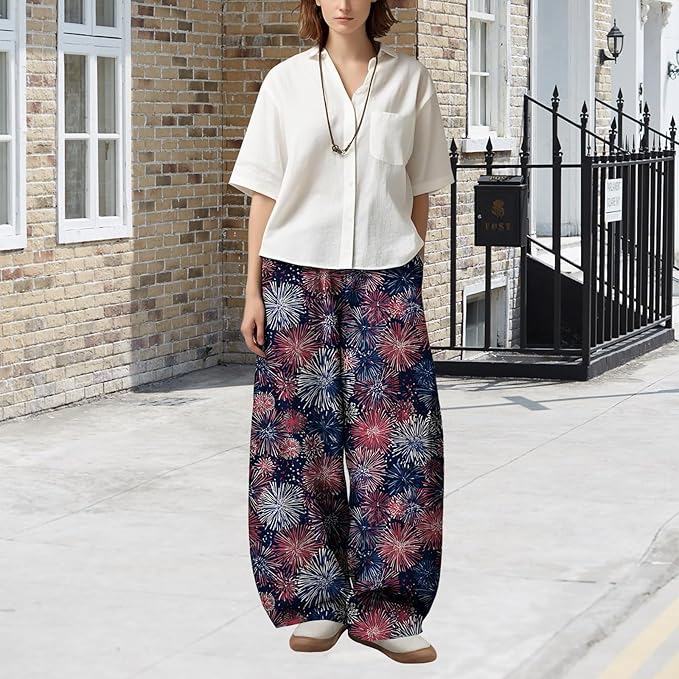 Zaswen Women's Oversize Loose Fit Breathable Pants Wide Leg Lounge Pants Fashion Casual Fireworks Print Trousers with Pockets