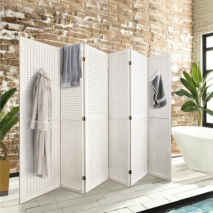 NicBex 6 Panel Pegboard Display,5.6FT Wood PegBoard Room Dividers,Folding Privacy Screens Portable Freestanding Display Board for Craft/Art Shows,Room Separation,White
