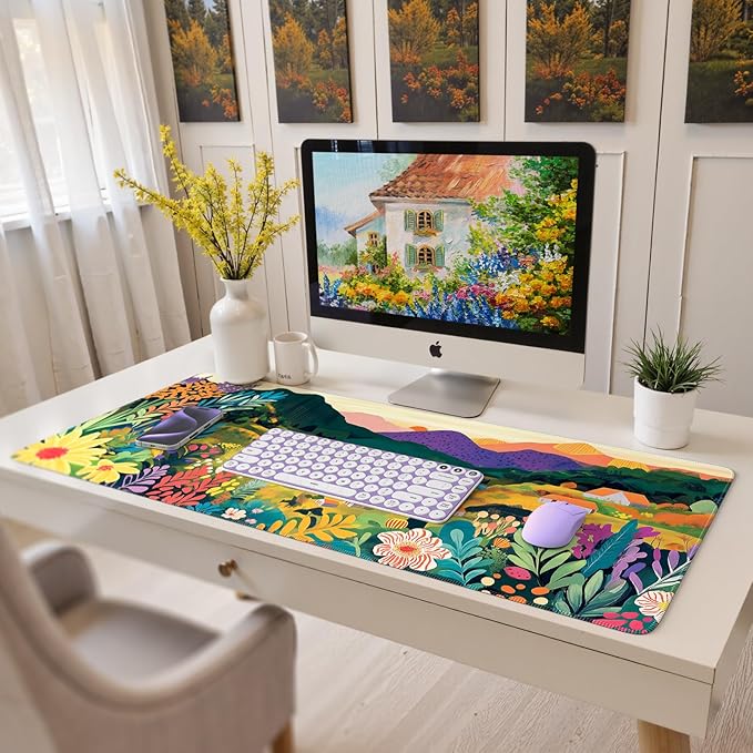 iCasso Large Gaming Mouse Pad (35"x16") - Waterproof Desk Mat with Non-Slip Rubber Base & Stitched Edges - Extended Keyboard Mousepad for Computer, PC, Office, Home Workspace (Oil Painting)