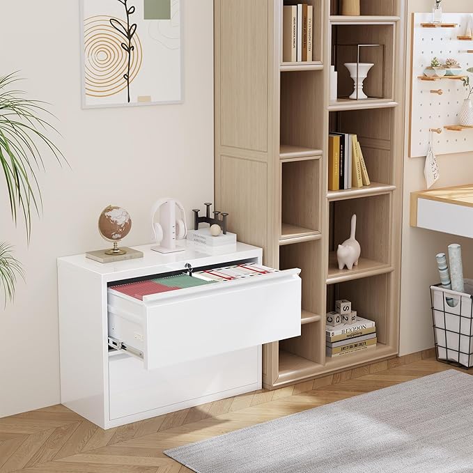 INTERGREAT Lateral File Cabinet 2 Drawer, Metal 2 Drawer White Filing Cabinet with Lock for Home Office, Locking File Cabinets for Letter/Legal/F4/A4 Size Hanging Files, Easy Assembly