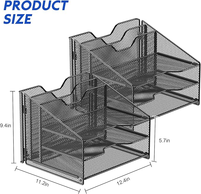 Samstar 2 Pack Mesh Desk File Organizer Letter Tray Holder, Desktop File Folder Holder with 3 Paper Trays and 2 Vertical Upright Section, Black