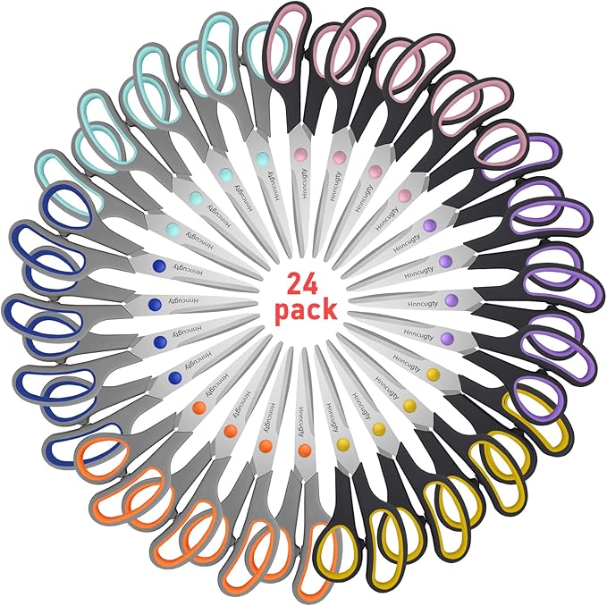 Scissors for Office School Supplies, Hnncugty 8" Scissors All Purpose Bulk Set of 24-Pack, Sharp Shears for Home Craft Sewing Fabric, Middle School Student Teacher Supplies, Comfort Right/Left Handed