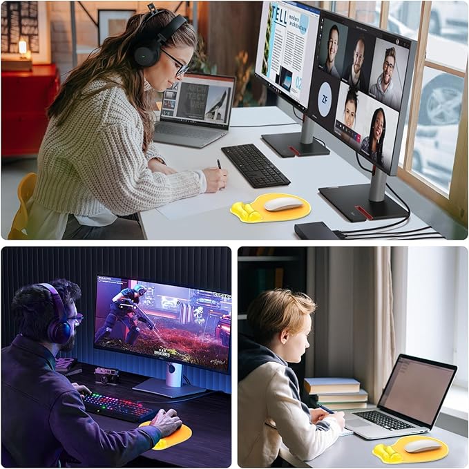 Mouse Pad with Gel Wrist Rest, Ergonomic Comfortable Computer Wrist Support for Laptop, Pain Relief Mousepad with Non-Slip PU Base for Office & HomeYellow