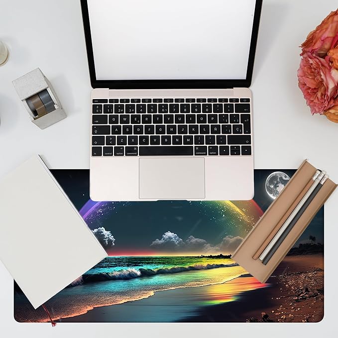 Desk Mat, Rainbow and Full Moon Desk Pad, Beach at Night Large Gaming Mouse Pad for Desk, 31.5"x15.7" Extended Big Computer Keyboard Mouse Pad with Non-Slip Base and Stitched Edge