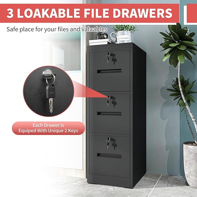 3 Drawer Metal File Cabinet with 3 Unique Locks Heavy Duty Locking File Cabinets Home Office Steel Filing Cabinet Vertical File Cabinets for Legal/Letter Size File,Assembly Required