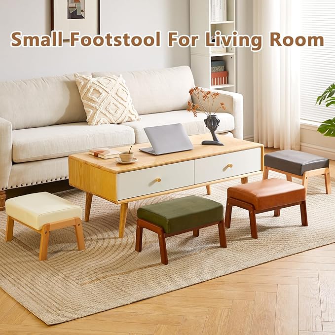 IBUYKE 10.2” H Small Foot Stool Ottoman, Rectangle PU Faux Leather Foot Rest with Padded Seat and Wood Legs, Modern Accent Ottoman Foot Rest for Living Room Bedroom Couch Office, White WBD013W