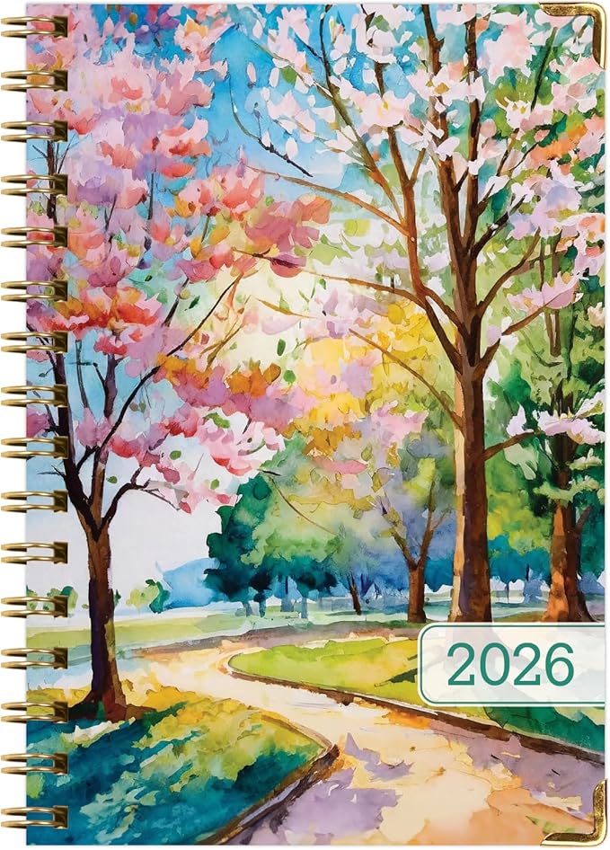 HARDCOVER 2026 Planner, 5.5"x8": 14 Months (November 2025 - December 2026), Daily Weekly Monthly Planner, Yearly Agenda, Bookmark, Pocket Folder and Sticky Note Set (Watercolor Tree)