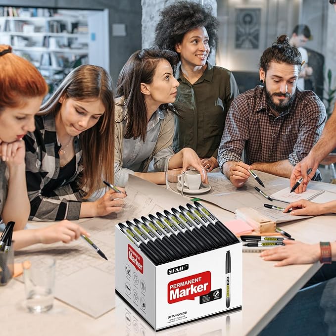 SFAIH 100 Black Permanent Markers Bulk -1s Quick Dry, Waterproof, Non-Fading, Durable, Fine Point Permanent Pens for Plastic Glass Metal Wood Paper, Office Supplies, Classroom Kitchen, Cargo Marking