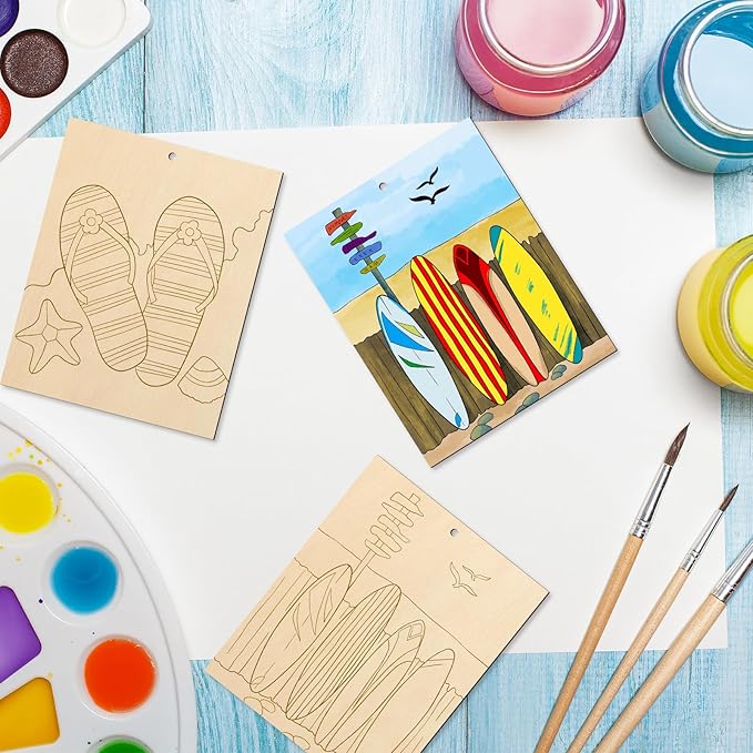 COCHIE 10 Pieces Large Summer Unfinished Wood Crafts to Paint for Adults and Kids, Bulk Predrilled Wooden Ornaments for Painting, Beach Paintable Wood Slices Craft Supplies with Ropes