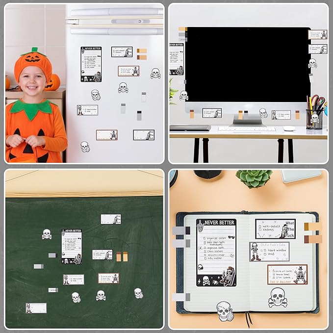 Xqumoi Funny Skull Skeleton Sticky Notes Set - Black White Gothic Skeleton Self-Stick Note Pads Halloween Hippie Notepads Writing Memo Pad Page Marker Bookmarker Index School Office Supplies Gift