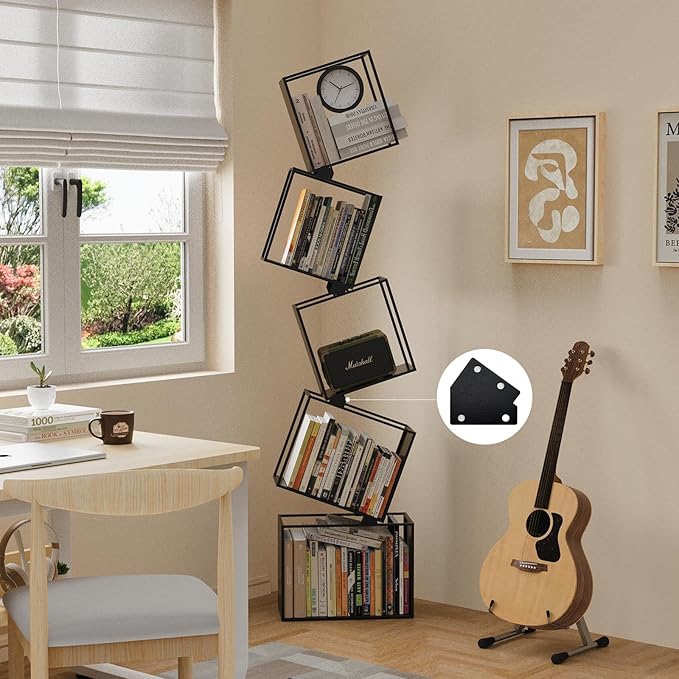 5-Tier Metal Geometric Bookshelf – Modern Narrow Floor Bookcase, Space-Saving Organizer for Living Room, Bedroom, Office, Corner – Black