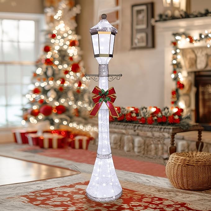 BlueWish 6FT Pre-Lit Freestanding Lamp Post for Christmas Decorations Outdoor, White Post Lamp with Removable Decorative Bow, Lighted Post Christmas Decoration with 120 LED Lights for Yard, Patio