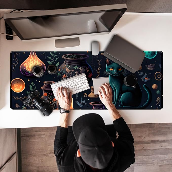 Anime Blue Cat Kawaii Cats Mouse Pad, XL Large Extended Gaming Desk Pad, Women Desk Decor Pad Computer Laptop Keyboard and Wireless Mouse Mat with Stitched Edges 31.5x11.8 in