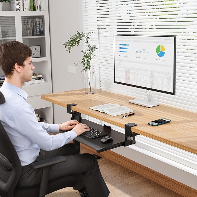 BONTEC KMT01 Under Desk Keyboard Tray, Pull-Out Keyboard & Mouse Platform with C-Clamp, 25.6 x 11.8 in Space-Saving Ergonomic Slide-Out Drawer, Black