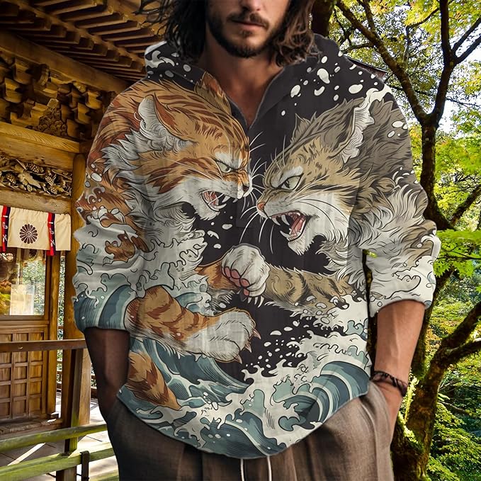 MARSVOVO Hooded Long Sleeve Shirt Men Fashion Graphic Button Up Lightweight Big and Tall Casual Vacation Shirts for Men