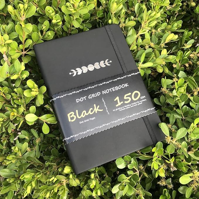 BUKE Dotted Journal - Dot Grid Notebook - 150gsm No Bleed Black Paper - 160 Black Pages - For Women and Men - A5 PU Leather Hardcover 5.75" x 8.5" and Gift Box (BKB-3)