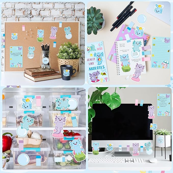 Xqumoi I Just Really Like Axolotl Sticky Notes Set, Animal Mexican Walking Fish Shaped Self-Stick Notes Pads Writing Memo Pad Page Marker Bookmarks Back to School Office Supplies Party Favors (Blue)