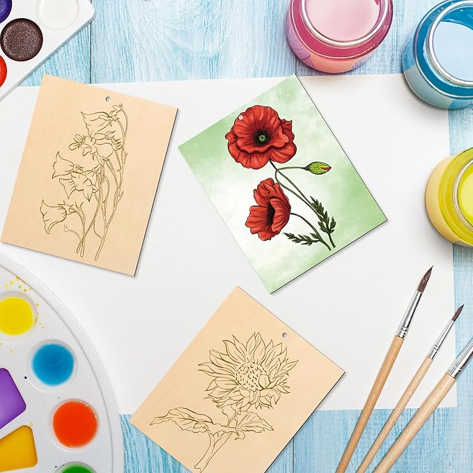 COCHIE 10 Pieces Large Flowers Unfinished Wood Crafts to Paint for Adults and Kids, Bulk Predrilled Wooden Ornaments for Painting, Tulips Flower Paintable Wood Slices Craft Supplies with Ropes