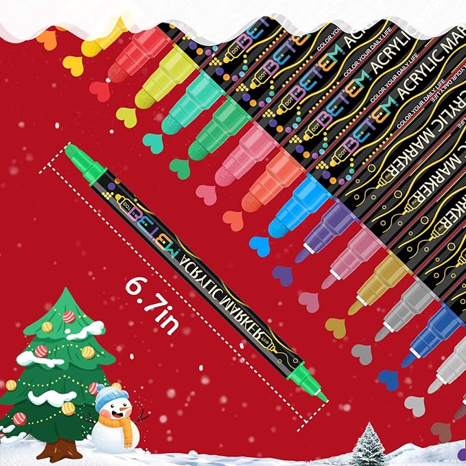 Betem 12 Colors Dual Tip Acrylic Paint Pens Markers, Premium Acrylic Paint Markers Stocking Stuffers for Rock, Wood, Fabric, Glass, Canvas, Ceramic, Christmas Gifts for Teens DIY Crafts Art Supplies