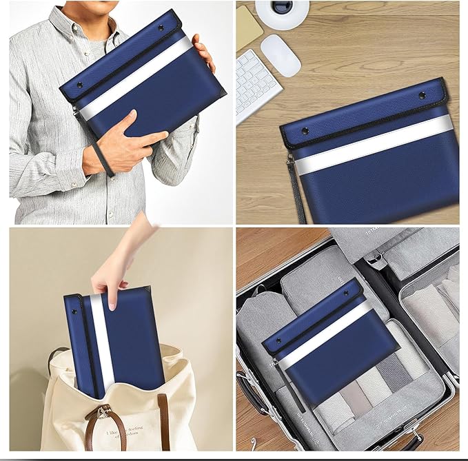 5200°F Heat Insulated Fireproof Document Bag with Zipper,13.9”x10.6” Water Fire Proof Pouch with Reflective Strip,8 Layers of Protective Materials Fireproof Money Bag for Cash,Jewelry(Blue)