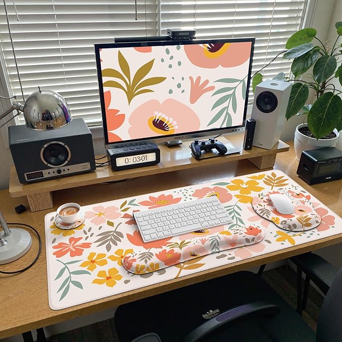 iCasso Desk Cover Mat, 4in1 Floral Large Mouse Pad with Wrist Rest, Desk Matt for Desktop, Anti-Slip XXL Big Computer Ergonomic Mousepad with Wrist Support for Keyboard and Mouse (Colorful)