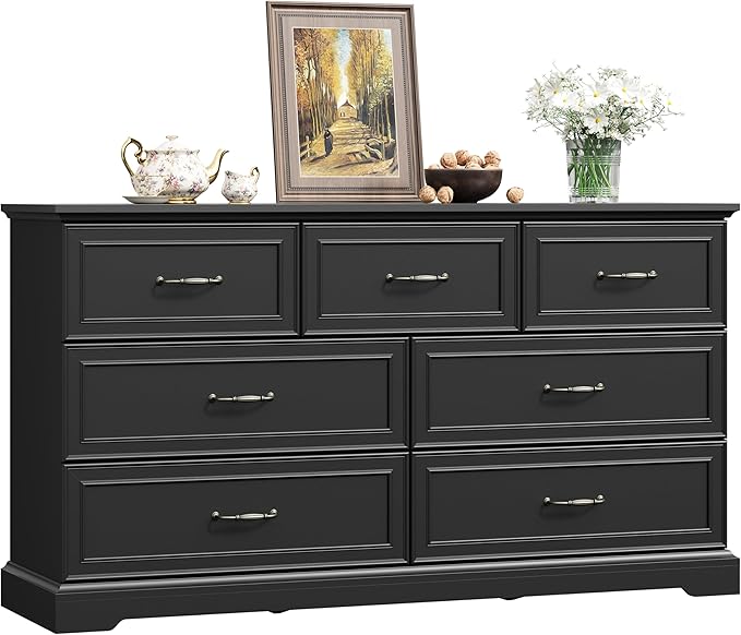7 Drawer Dresser for Bedroom, 57" Wide Wooden Chest of Drawers, Rustic Farmhouse Dresser with Large Drawers & Metal Handles, Modern Storage Organizer for Closet, Living Room, Hallway, Black