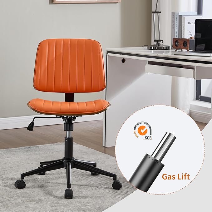 Small Home Office Chair - Armless Mid Back Desk Chair with 360° Swivel and Wheels, PU Upholstered Height Adjustable Modern Walnut Computer Chair for Home, Office Meeting Room - Orange