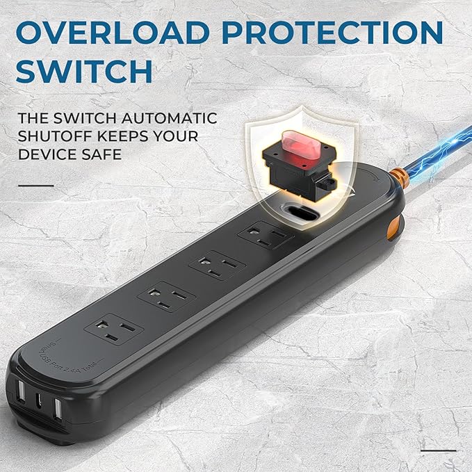 Outdoor Power Strip Weatherproof, 7-in-1 Surge Protector with 4 Wide Outlets 2USB A and 1USB C,1875W/15A, 10FT Flat Plug Multi-Plug Outdoor Extension Cord Waterproof for Indoor Outdoor, UL FCC Listed