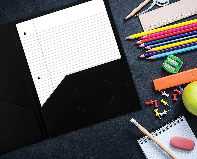 Better Office Products Heavyweight Plastic 2 Pocket Portfolio Folder, Letter Size Poly Folders 24 Pack (Black)