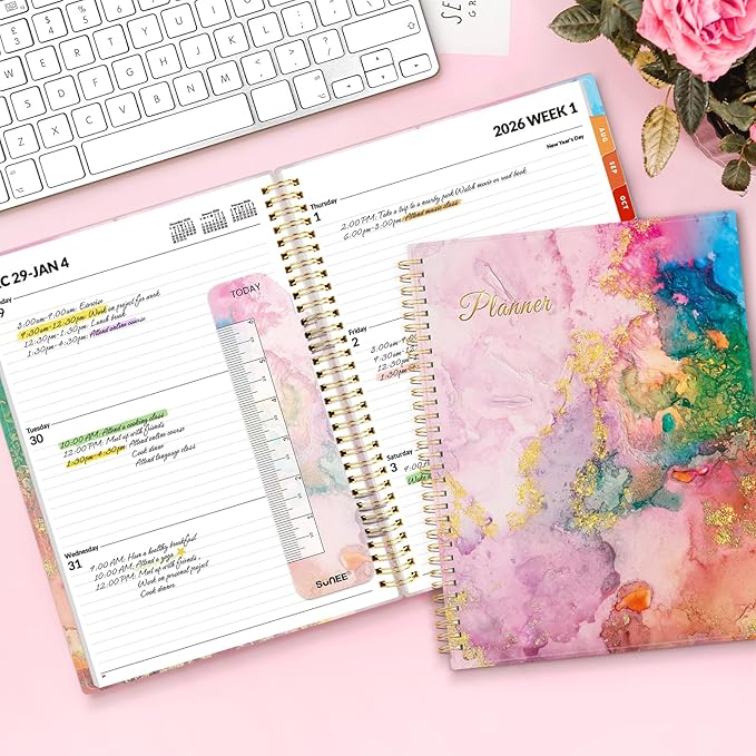 SUNEE 2026 Weekly and Monthly Planner - from January 2026 - December 2026, 8.5"x11" Daily Agenda Planner with Monthly Tab, Flexible Cover, Note Pages, Pockets, Bookmark, Spiral Binding, Pink Marble