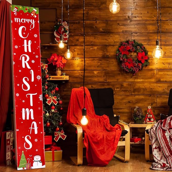Christmas Wooden Porch Sign 47.2" Merry Christmas Snowflake Welcome Porch Signs for Front Door Xmas Vertical Standing Signs Wooden Hanging Sign Decor for Xmas Garden Home Front Door Yard Farmhouse Decor