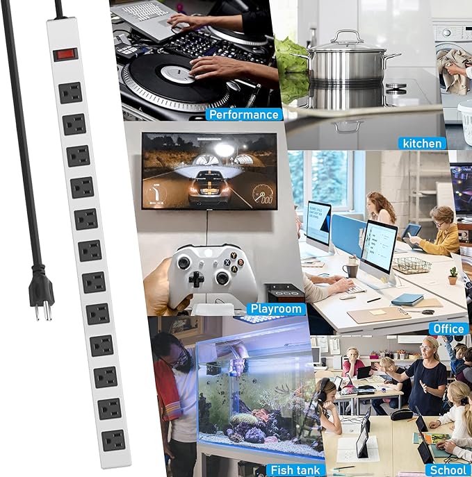 JUNNUJ Metal 12 Outlet Power Strip, Mountable Heavy Duty Power Strip, 1200J Surge Protector Wall Mount Screws Outlet with Switch, Gaming Desk Strips Wide Spaced 15A 125V 1875W, 6 FT 14AWG Power Cord