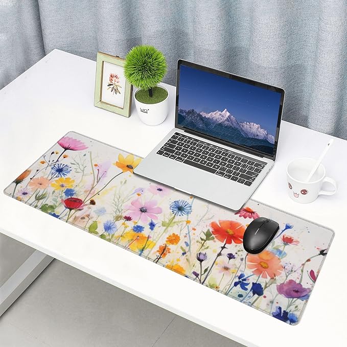 Cute Wildflowers Pattern Mouse Pad 31.5 x 12 Inch, Non-Slip Rubber Base, Ergonomic Design for Pain Relief, Perfect for Computer Users