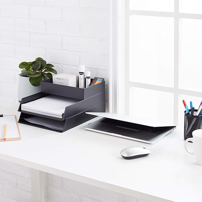 Amazon Basics Rectangular Plastic Desk Organizer with Storage Trays, Accessory Tray, 9.4 x 6.7 x 2 inch, Black, 1 Pack