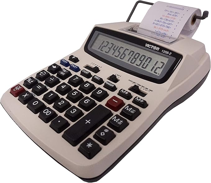 Victor Printing Calculator, 1208-2 Compact and Reliable Adding Machine with 12 Digit LCD Display, Battery or AC Powered, Includes Adapter,White
