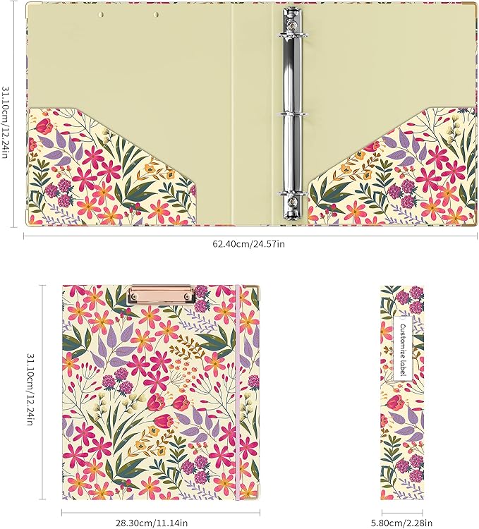 Ospelelf 3 Ring Binder 1.5 Inch, Cute Binder for Letter Size (11" x 8.5") with 5 Tab Dividers, File Folder Labels and Low Profile Clipboards, Floral Binder for School Supplies and Office Supplies