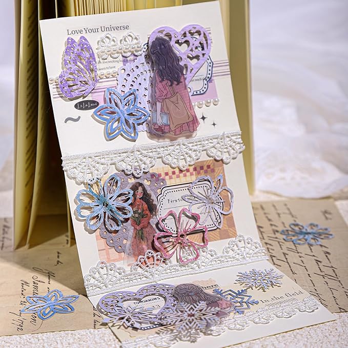 Vintage Hollowed-Out Scrapbook Paper Set, 180PCS Butterfly Floral Leaf Heart Ephemera for Journaling, Scrapbooking, and DIY Crafts