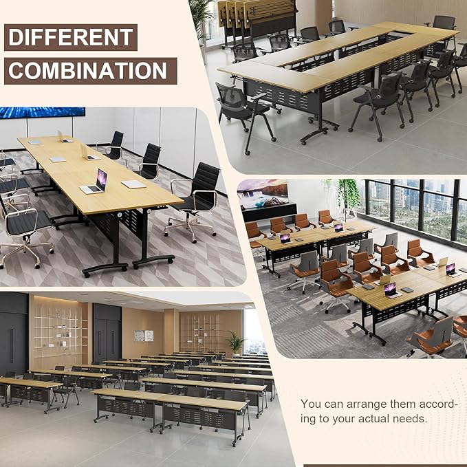 Folding Conference Room Table, Modern Conference Tables with Wheels, Large Rectangular Mobile Training Tables for Office Classroom, Foldable Modular Boardroom Seminar Table Maple (4pack L63in)