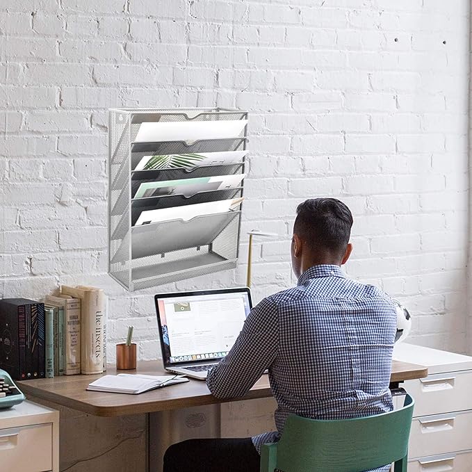 EASEPRES Mesh Wall File Organizer 6 Tier Vertical Mount Hanging Holder Magazine Rack with Bottom Flat Tray, Sides Closed, Silver