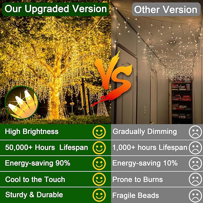 1296 LED 131FT Christmas Lights 288 Drops, Outdoor Hanging light with 8 Modes & Timer, Plug in Curtain String Light Outdoor Waterproof for House Tree Holiday Wedding Party Outside Decor (Warm White)