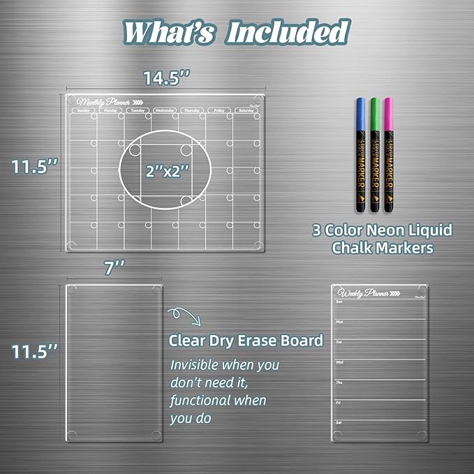 Clear Non-Magnetic Calendar Set for Fridge - Dry Erase Transparent Monthly, Weekly Calendar and Blank Board - Sticks to Wall, Glass, Door, Any Smooth Surfaces
