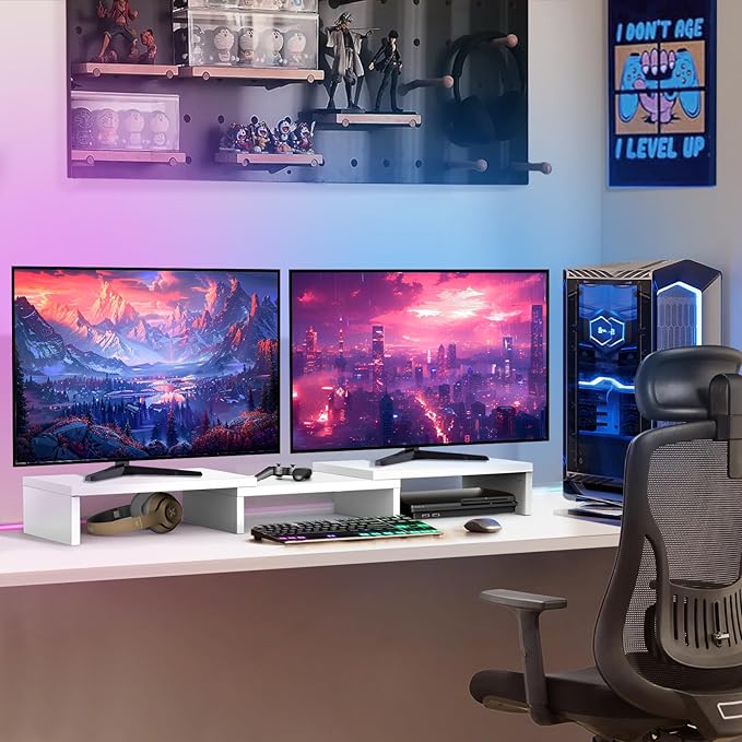 TAVR Furniture Dual Monitor Stand Riser, Computer Monitor Stands for 2 Monitors, Extra Long Multifunctional Desktop Organizer Riser for Computer, Laptop, PC, Printer, TV, Max 43.3" Length, White