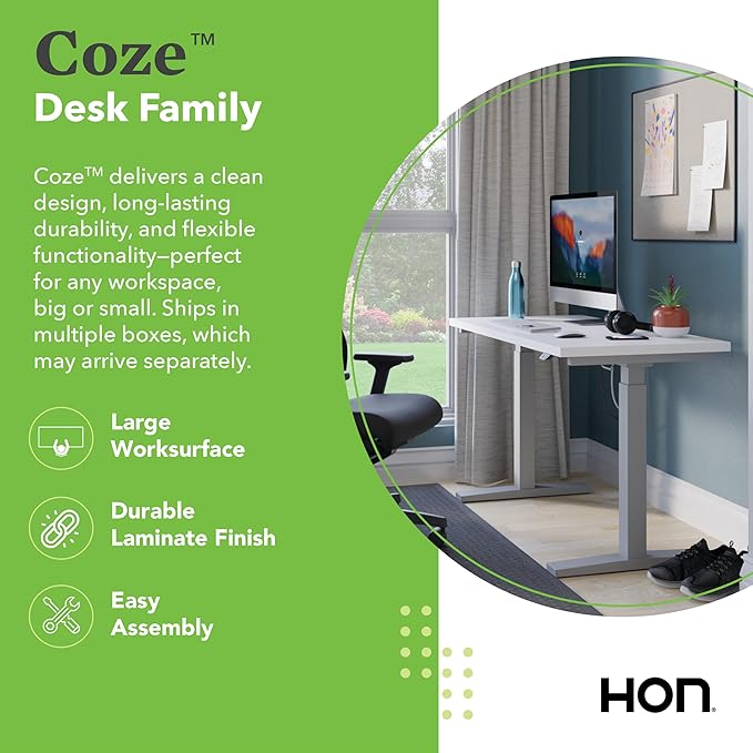 HON Coze Electric Standing Desk Adjustable Height, Coordinate Height Adjustable Desk, 54", White Top, Silver Base