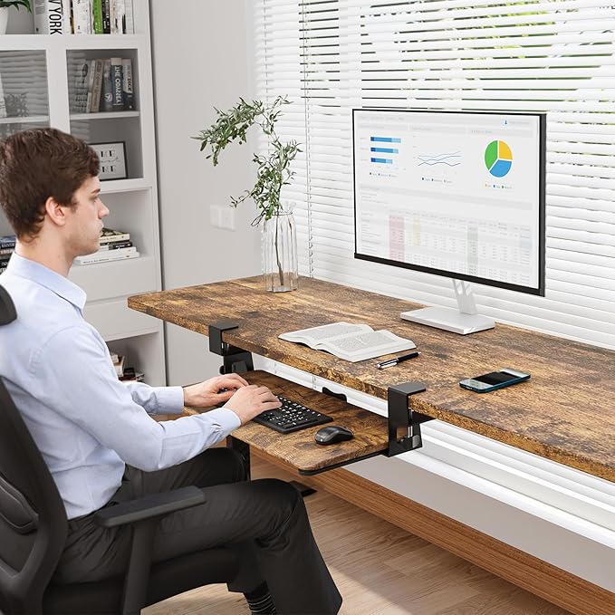 BONTEC KMT01 Under Desk Keyboard Tray, Pull-Out Keyboard & Mouse Platform with C-Clamp, 25.6 x 11.8 in Space-Saving Ergonomic Slide-Out Drawer, Rustic Brown