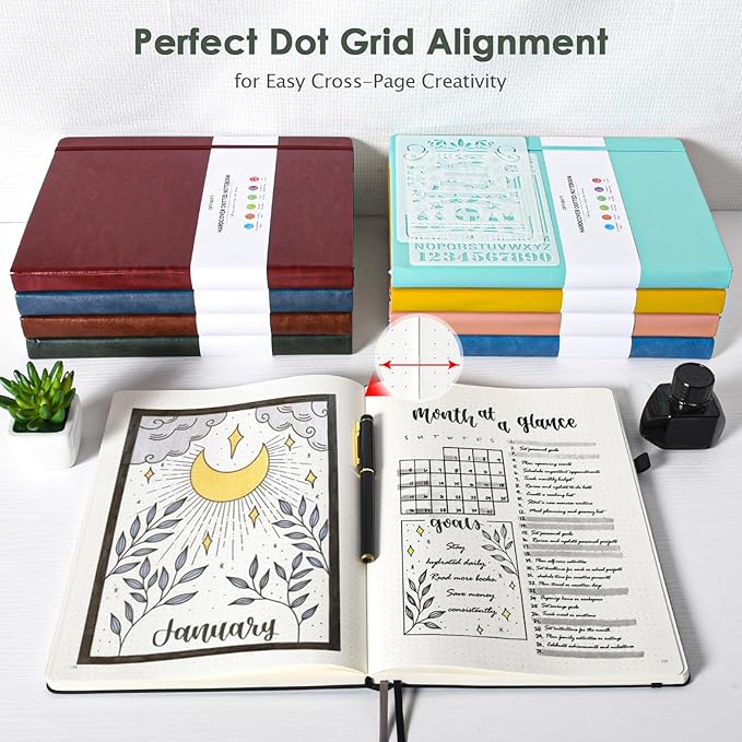 Bullet Dotted Journal Notebook, 312 Numbered Pages A5 Hardcover Leather Journal, 100gsm No Bleed Paper Dot Grid Notebook with Index Pages, Dot Journal for Women Men, 5.75" x 8.38", Green