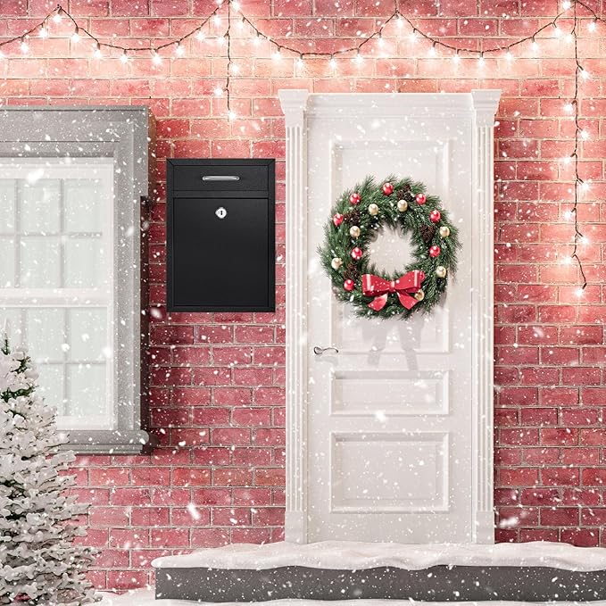 Locking Mailbox with Key for Outdoor 12.2 x 8.5 x 3 Inches Large Wall Mount Mail Box with Lock Security Mail Drop Metal Collection Boxes Hanging Secure Postbox(Black)